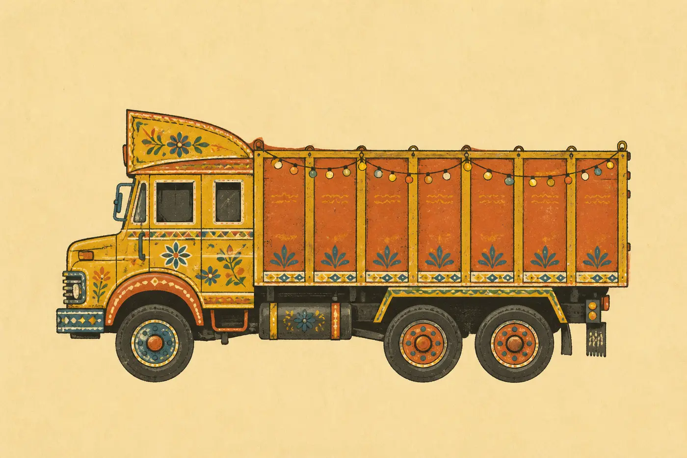 Decorated Indian truck, folk-print illustration